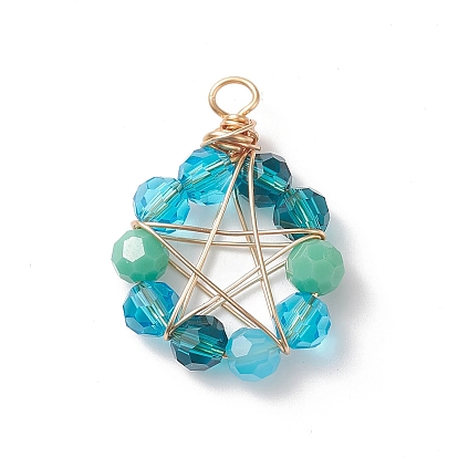 Glass Beaded Flat Round Pendants, with Real 18K Gold Plated Eco-Friendly Round Copper Wire Wrapped Pentagram