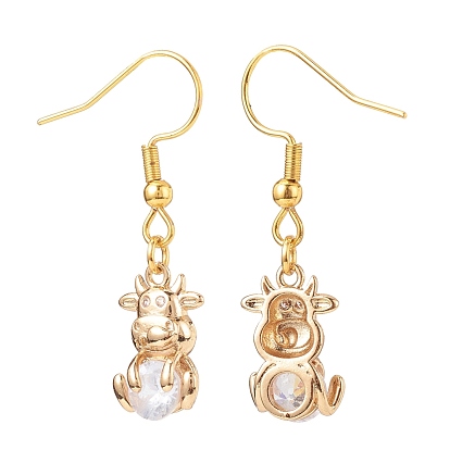 Crystal Rhinestone Cow Dangle Earrings, 304 Stainless Steel Jewelry for Women