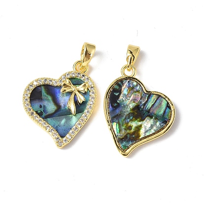 Abalone Shell/Paua Shell Pendants, with Brass & Glass Findings, Asymmetrical Heart with Bowknot Charm