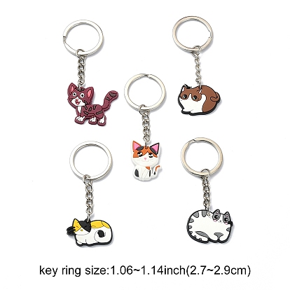 5Pcs 5 Style Cute Cartoon PVC Plastic Cat Pendant Keychain, with Iron Findings