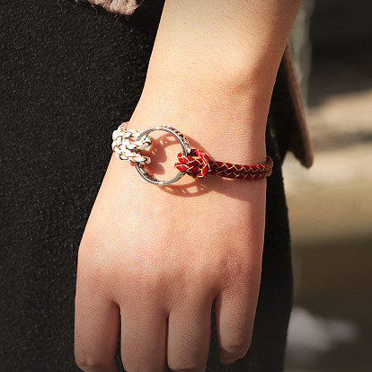 Alloy Ring Links Bracelets, with Leather Cord and Alloy Magnetic Clasps