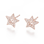 Brass Stud Earring Findings, with Cubic Zirconia and Loop, Star, Clear