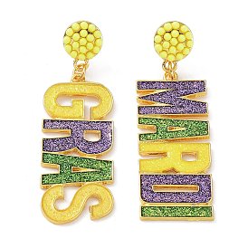 Carnival Theme Glitter Zinc Alloy Letter Dangle Stud Earrings, Word Gras Mardi Asymmetrical Earrings