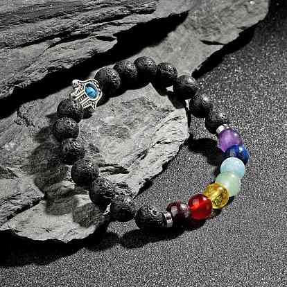 Bijoux de chakra bracelets extensibles de perles de lave naturelle, avec des perles de pierres précieuses naturelles et des accessoires en alliage