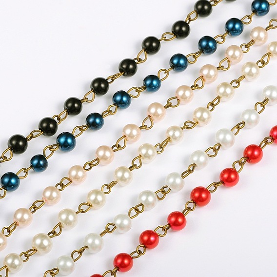 Handmade Round Glass Pearl Beads Chains for Necklaces Bracelets Making, with Antique Bronze Iron Eye Pin, Unwelded, 39.3 inch