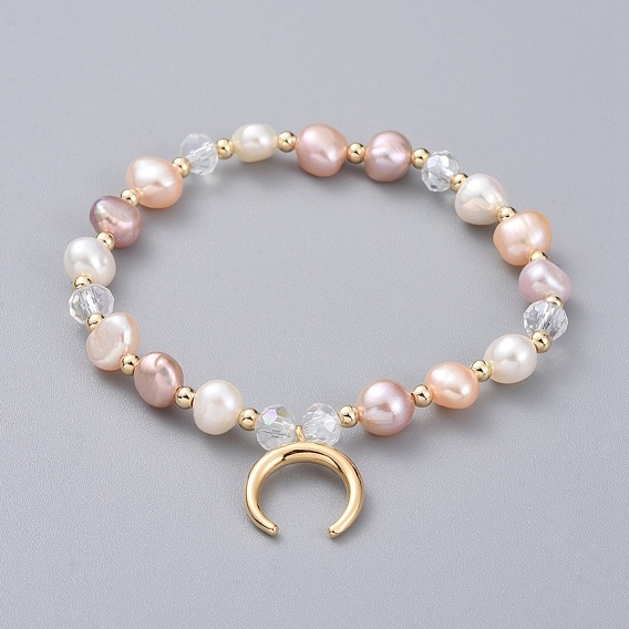 Charm Bracelets, with Natural Cultured Freshwater Pearl Beads, Glass Beads, Brass Round Spacer Beads and Brass Pendants, Crescent Moon, with Burlap Bags