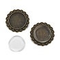 25mm Transparent Glass Cabochons and Vintage Alloy Flower Brooch Cabochon Bezel Settings, Nickel Free, Cabochon Setting: 35.5mm, Tray: 25mm, Pin: 0.8mm