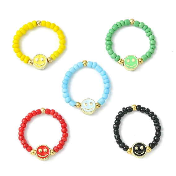 5Pcs 5 Colors Glass Seed Beads Beaded Stretch Finger Ring Sets, Smiling Face Beads Rings for Women
