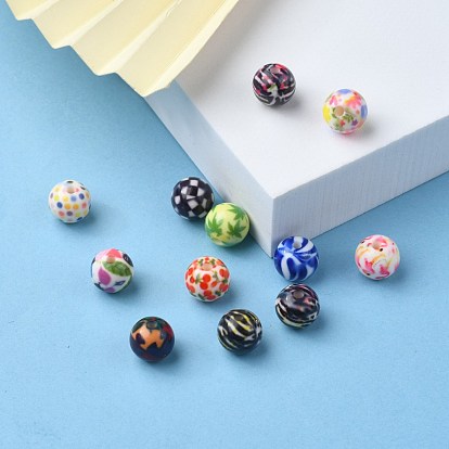 Perles acryliques imprimés opaques, rond avec motif feuille de pot/feuille de chanvre