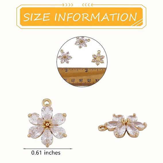 6 pièces fleur pendentif breloque zircone cubique clair breloque fleur en laiton pendentif plaqué longue durée pour bijoux collier bracelet boucle d'oreille faire de l'artisanat