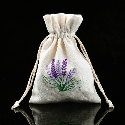 Cotton Canvas Drawstring Gift Bags, with Flowers Pattern Embroider, for Jewelry & Baby Showers Packaging Wedding Favor Bag