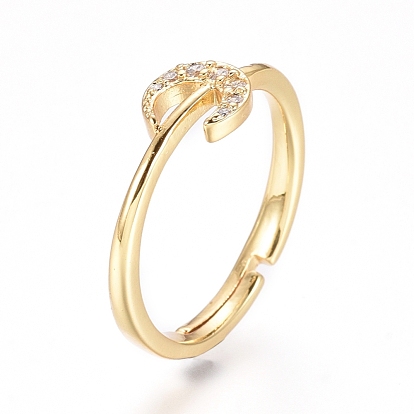 Adjustable Brass Finger Rings, with Micro Pave Clear Cubic Zirconia, Long-Lasting Plated, Moon