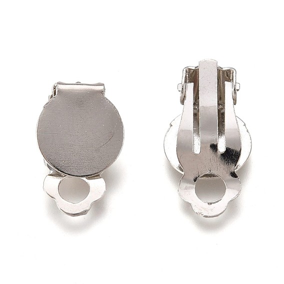 Ajustes de aretes de clip de hierro, con almohadilla plana redonda, plano y redondo, Bandeja: 10 mm, 18x7 mm, agujero: 3 mm
