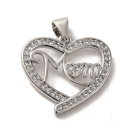 Mother's Day Brass Micro Pave Cubic Zirconia Pendants, Heart with Mom
