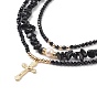 3 pcs 3 style 304 ensemble de colliers pendentif corss en acier inoxydable, colliers empilables de perles d'onyx noir naturel, d'obsidienne et de perles pour femmes