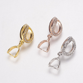 Brass Micro Pave Cubic Zirconia Ice Pick Pinch Bails, Long-Lasting Plated, Lead Free & Cadmium Free & Nickel Free, Drop