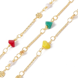 Handmade Eco-friendly Brass Flat Round & Bar Link Chain, with Glass Triangle Beaded, Real 18K Gold Plated, Lead Free & Cadmium Free, Soldered, with Spool