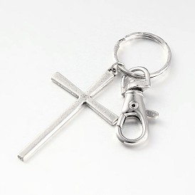 Alloy Cross Keychain, with Iron Ring and Alloy Swivel Lobster Claw Clasps, 88mm