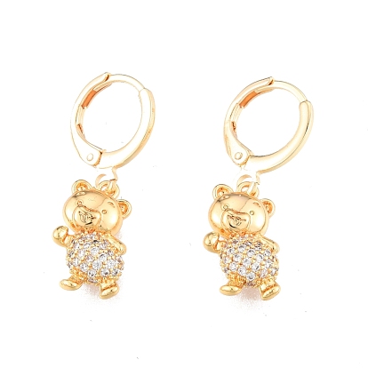 Clear Cubic Zirconia Bear Dangle Leverback Earrings, Brass Jewelry for Women, Cadmium Free & Nickel Free & Lead Free