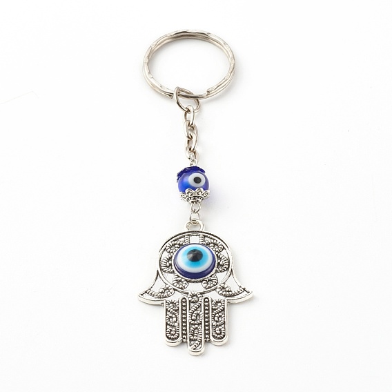 Alloy Enamel Keychain, with Lampwork Round Beads and Iron Split Key Rings, Hamsa Hand with Evil Eye, Blue