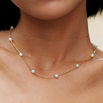 Collar de cadena de acero inoxidable con cuentas de perlas de imitación para mujer.