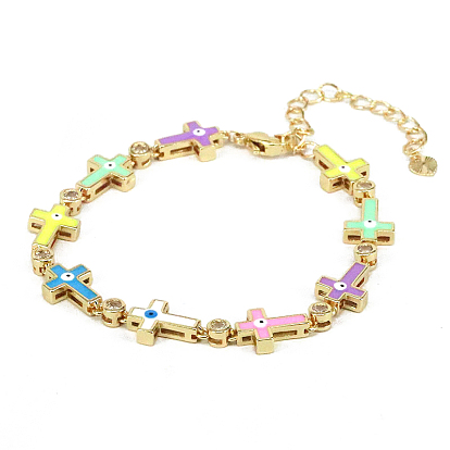 Enamel Cross with Evil Eye Link Chains Bracelet with Cubic Zirconia, Gold Plated Brass Jewelry for Women