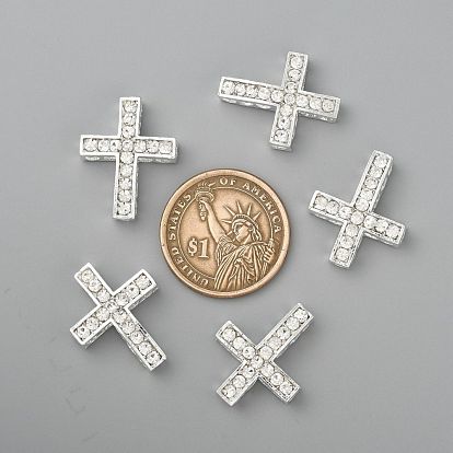 Perles de strass en alliage, Grade a, croix, couleur argent plaqué, 25x20x6mm, Trou: 1.5mm