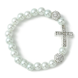 Glass Pearl & Alloy Rhinestone Cross Beaded Stretch Bracelet