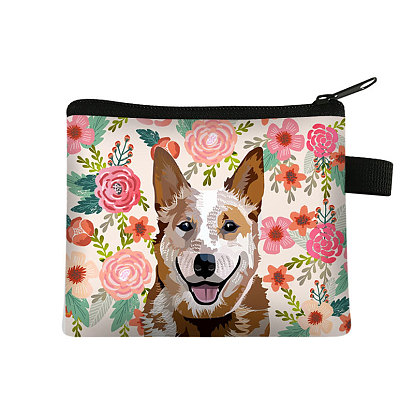 Dog & Flower Pattern Polyester Clutch Bags, Change Purse with Zipper, for Women, Rectangle