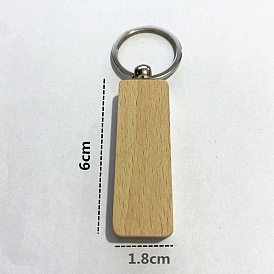 Porte-clés en bois non teint, avec porte-clés fendus en alliage de zinc, rectangle