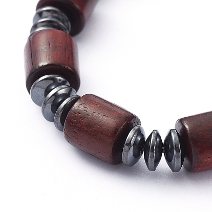 Stretch Bracelets, with Column Natural Wood Beads and Non-Magnetic Synthetic Hematite Beads