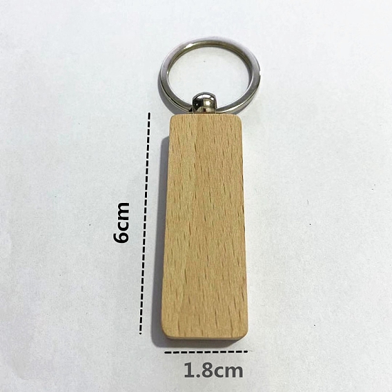 Undyed Wooden Keychains, with Zinc Alloy Split Key Rings, Rectangle