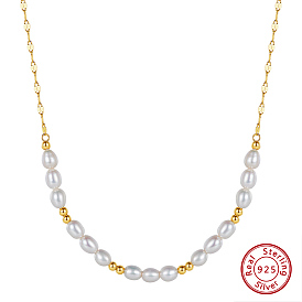 925 Sterling Silver with Natural Pearls Beads Necklaces, Oval