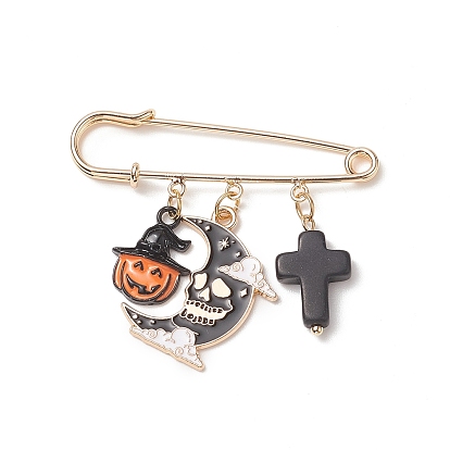 Halloween Skull Moon Alloy Enamel Charms Safety Pin Brooch, Golden Brass Lapel Pin for Waist Pants Extender