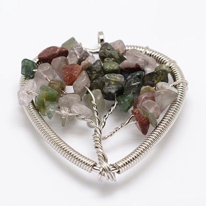 Tree of Life Gemstone Bead Brass Wire Wrapped Heart Big Pendants, Cadmium Free & Nickel Free & Lead Free, Platinum