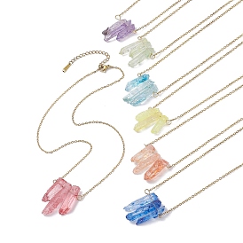 7Pcs 7 Color Dyed Natural Crackle Quartz Crystal Irregular Bullet Pendant Necklaces Set, with 304 Stainless Steel Cable Chains