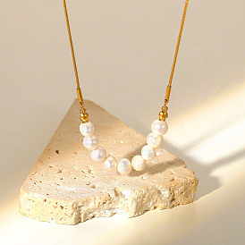 Collier français en perles d'eau douce naturelles en or k, collier en acier titane et titane pour femmes, à la mode et polyvalent
