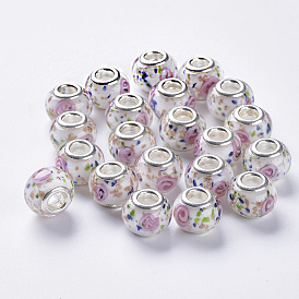 Main or sable lampwork perles européennes, Perles avec un grand trou   , en laiton de couleur platine noyaux doubles, rondelle