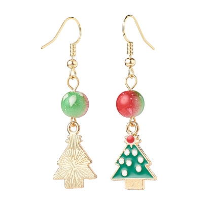 Christmas Theme Alloy Enamel Dangle Earrings with Resin Beaded, Golden Brass Jewelry for Women