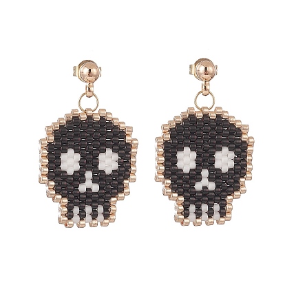 Handmade Japanese Seed Braided Skull Dangle Stud Earrings, Golden Brass Jewelry for Women