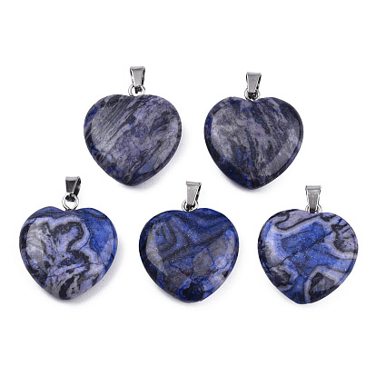 Natural Map Stone Pendants, with Stainless Steel Color Tone Stainless Steel Snap On Bails, Heart Charm, Dyed & Heated