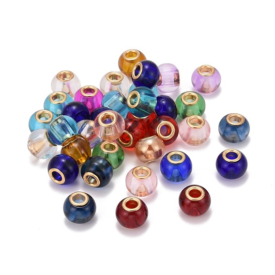 Perles européennes en verre, avec doubles noyaux de laiton plaqué or, Perles avec un grand trou   , rondelle, 15x11mm, Trou: 5mm