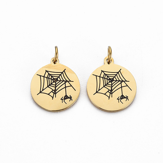 Ion Plating(IP) 316 Surgical Stainless Steel Enamel Charms, with Jump Rings, Laser Cut, Cadmium Free & Nickel Free & Lead Free, Flat Round with Spider Web