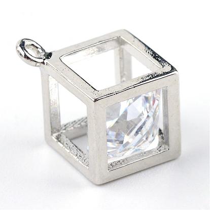 Encantos de vidrio de latón, cubo, 9.5x9.5x8 mm, agujero: 1 mm