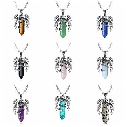 Natural & Synthetic Mixed Stone Bullet with Dragon Pendant Necklace with Zinc Alloy Chains
