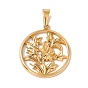 Vacuum Plating 304 Stainless Steel Pendants, Flat Round with Flower Charm