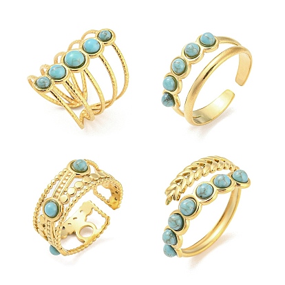 Synthetic Turquoise Beaded Open Cuff Ring, 304 Stainless Steel Hollow Ring