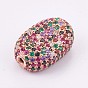Brass Micro Pave Cubic Zirconia Beads, Long-Lasting Plated, Flat Oval