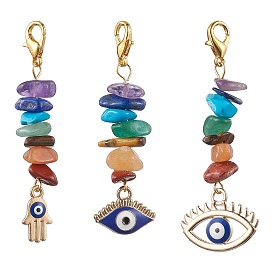 3Pcs 3 Styles Chakra Jewelry Alloy Enamel Pendant Decorations, with Zinc Alloy Lobster Claw Clasps and Gemstone Chip Beads, Eyes & Hamsa Hand