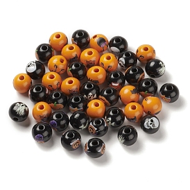 Perles européennes en bois imprimé halloween, Perles avec un grand trou   , ronde